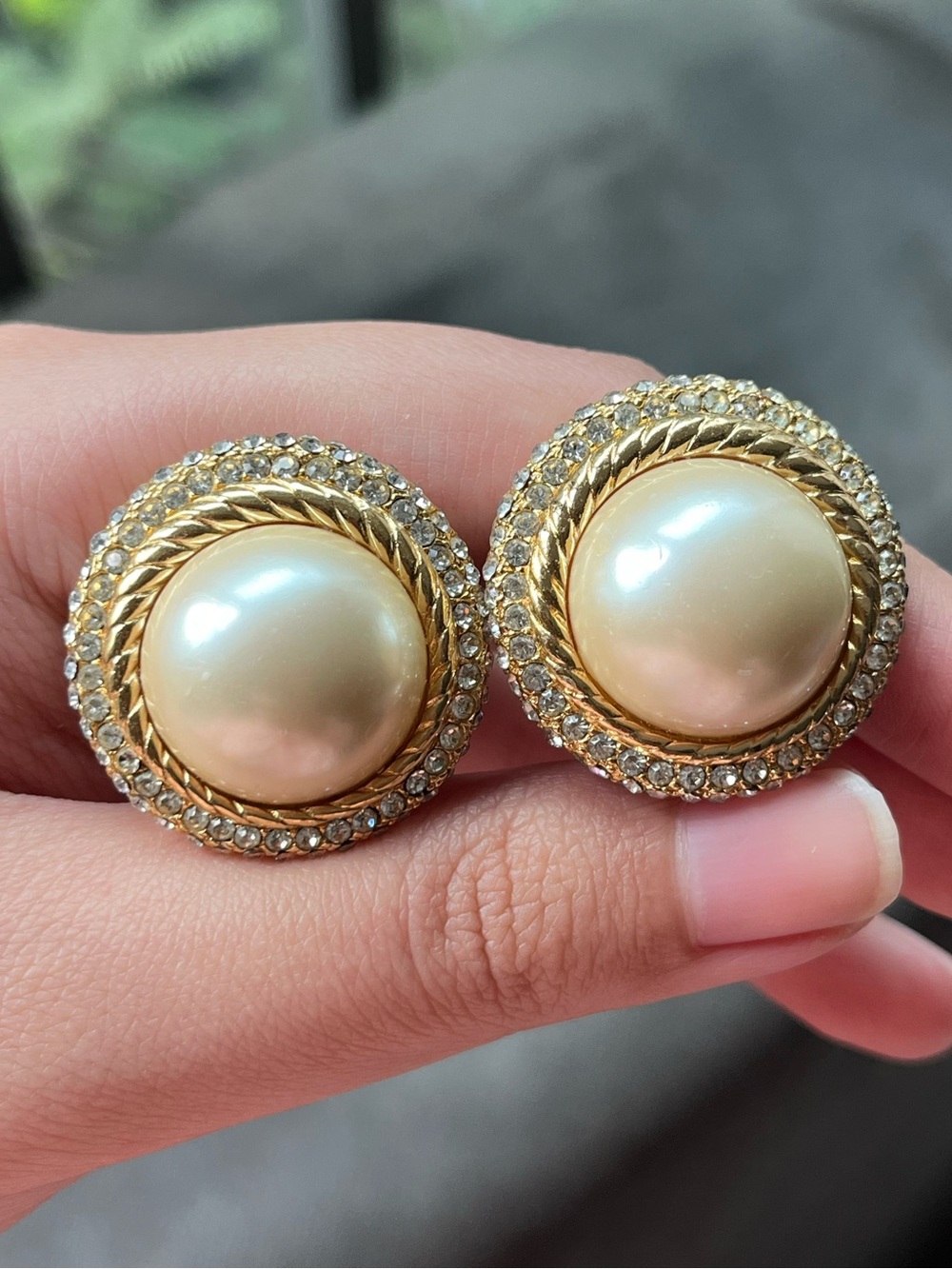 Authentic Vintage Dior Pearl Rhinestone Pavé Braided Round Gold Clip-On Earrings